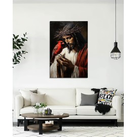 Jesus Canvas Wall Art Christ Wall Decor Jesus with Cardinal Picture Christian Vintage Painting Prints Religion Art for Living Room Bedroom Home Office Decor Framed(Art-1,12.00"x18.00")