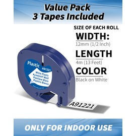 3 x Aken A91221 White Plastic Label Tape Compatible with Dymo Letratag 12 mm x 4 m, Black on White, 91221 Label Tape Compatible with Dymo Letratag LT-100H LT-100T 200B XR XM Labelling Device