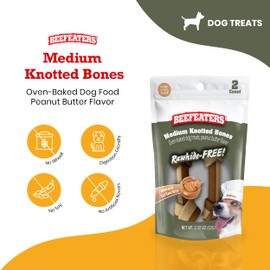 Beefeaters Dog Treats - Med Knotted Bone 4" PB Flavor 2ct, Case of 12 | Rawhide Free Dog Food | Real Peanut Butter | No Artificial Flavors | Dental Cleaning | Training Treats for All Dog Sizes