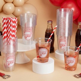 Willinglong 50sets/100 Pcs She's Ready to Pop Baby Shower 12 oz Disposable Plastic Cups with Straws for Soda Theme Boy or Girl Gender Reveal Pregnancy Announcement Newborn Bachelorette Party Supplies