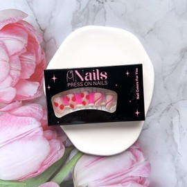 Almond Press on Nails Cute Strawberry Fake Nails Full Cover Medium Length False Nails with White Stripe Star Design Glossy Nude Pink Acrylic Stick on Nails Spring Summer Glue on Nails for Women Girls