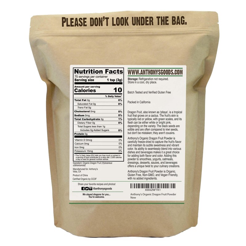 Anthony's Organic Dragon Fruit Powder, 8 oz, Freeze-Dried, Gluten Free,