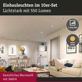 Paulmann 99995 LED Recessed Light 3-Step-Dim Pack of 10 Swivelling 82 mm 70° 10 x 4.8 W 10 x 450 lm 230 V 3000 K White Matt