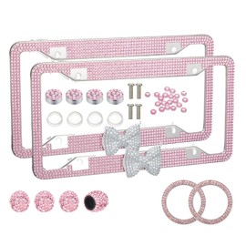 AceOrbit 8 Pcs Pink Car Accessories, Includes 2 Shiny Rhinestones License Plate Frames, 4 Car Tire Valve Stem Caps and 2 Bling Rhinestone Engine Start Stop Decoration Ring for Women Girls Gifts