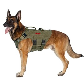 OneTigris Large Tactical Dog Harness, No Pulling Adjustable Dog Vest Harness, Heavy Duty Dog Harness with Handle, Large Hook and Loop Panels for Patch Black(Ranger Green, L)