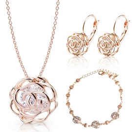 Crystalline Azuria Rose Blumen Kristalle Schmuck-Set Halskette 45 cm Leverback Ohrringe Armband 18 kt Rosé Vergoldet für Damen