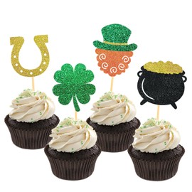 24 Pcs St Patrick's Day Cupcake Toppers, Four Leaf Clover Leprechaun Hat Horseshoe Shamrock Cupcake Toppers for St Patrick's Day Party Decorations (Mix A)