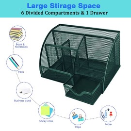 Sinxioer Desk Organiser, Mesh Metal Office Shelf with Pen Holders & Drawer, 6 Sorting Compartments for Pens, Pen Holder, Stapler, Sticky Notes, Multifunctional Organiser (Green)