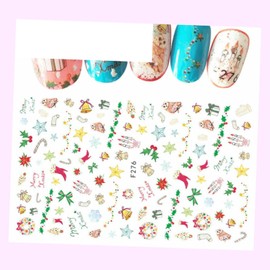 (Lot of 2 Sheets) Nail Stickers Decal Waterproof Santa Bell Deer Bow Gift for Nails Design Nail Art Stickers Decals Supplies Manicure Tips Sticker Colorful for Nail Decorations