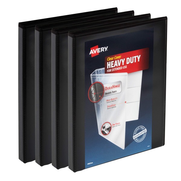 Avery Heavy Duty View 3 Ring Binder, 0.5" One Touch Slant Ring, Holds 8.5" x 11" Paper, 4 Black Binders (79708)