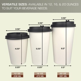 Kitchsy 20 oz. Disposable Paper Cups with Lids - White Hot Coffee & Tea To-Go Cups - Convenient Takeout Beverage Solution (Paper Cups with Black Dome Lids, 50)