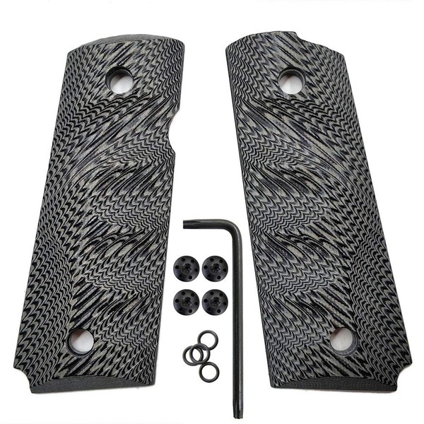 Cool Hand 1911 Grips for Compact/Officer/Kimber Ultra Carry ii, Black Gun Screws Included, for Left and Right Handed, Finger Grooves, with Ambi Safety Cut, Grey/Black G10