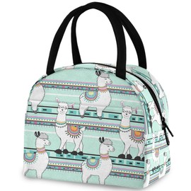 ZzWwR Chic Cute Cartoon Llama Stripes Pattern Reusable Lunch Tote Bag with Front Pocket Zipper Closure Insulated Thermal Cooler Container Bag for Man Women Work Picnic Travel Beach Fishing