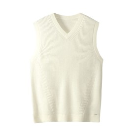 Mens V-Neck Knitted Sweater Sleeveless Pullover Knitwear Vest Solid Plain Loose Fit All Match Sweater_White_X-Large