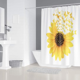 M&W DasDesign Shower Curtain Yellow Sunflower Plants Butterflies Bathroom Textile Curtain Leaves Anti-Mould Effect Washable Shower Curtain Bath Includes 12 C-Rings Weight Bottom 180 x 200 cm