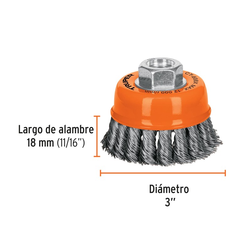 Truper CT-608X, Carda copa, alambre trenzado grueso, 3x5/8", para esmeril
