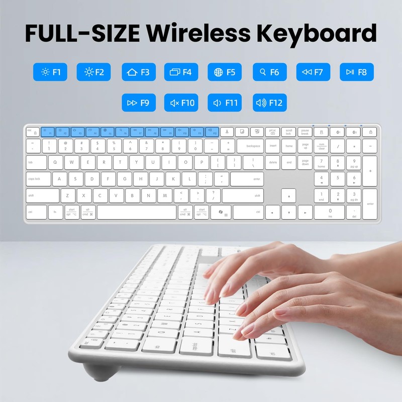 Bnnwa Wireless Bluetooth Keyboard Full-Size Silent Keyboard-Silver White