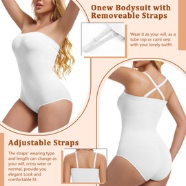 ONEW Strapless Bandeau Shapewear Bodysuit for Women Cami Bodysuit Top with Removable Spaghetti Straps Tummy Control Full Body Shaper,White,L