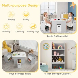 Costzon 4-in-1 Kids Table and Chairs, Activity Table & Convertible Chairs for Drawing Reading Dining with Multiple Storage Bins and Space Saving Design, Stackable Cabinet Toddler Table and Chair Set