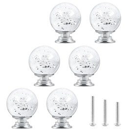 ShipeeKin 6 x Crystal Glass Cupboard Knobs Chest of Drawers Furniture Knobs Crystal Bubble Furniture Handles Furniture Knob with Silver Base 30 mm for Chest of Drawers, Cupboards, Kitchen, Wardrobe,