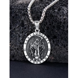 Shusukue Santa Muerte Necklace for Men Sterling Silver Grim Reaper Necklace for Women Black Santa Muerte Pendant Vintage Skull Necklace Santa Muerte Jewelry