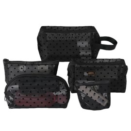 Siomlana Set of 5, Mesh Cosmetic Pouch, Net Bag, Cosmetic Bag, Cosmetic Pouch, Pen Case, Toiletry Bag, Crowd Love Pattern, Large Capacity, Cute, Lightweight, Cosmetic Pouch, Multifunctional, Cosmetic Storage, Travel, Gift (Black Love Pattern)