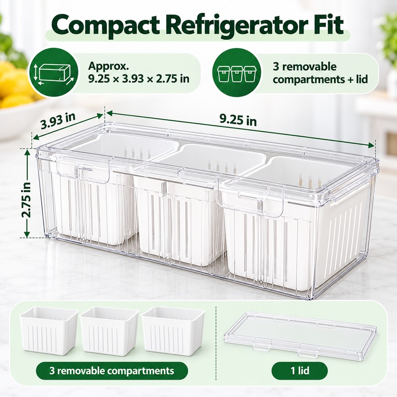 Refrigerator Food Storage Container with 3 Removable Baskets and Lid