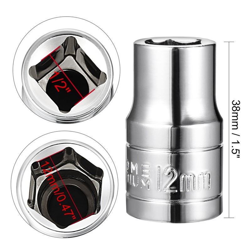 uxcell 1/2-Inch Drive 12mm 6-Point Shallow Socket, Metric, Cr-V