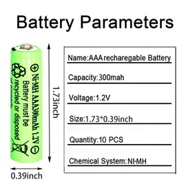 1.2 Volt AAA Size 300mAh Ni-MH Rechargeable Batteries Triple A for Solar Lights, String Lights Pathway Lights,Mouse, Keyboard (10 Packs)