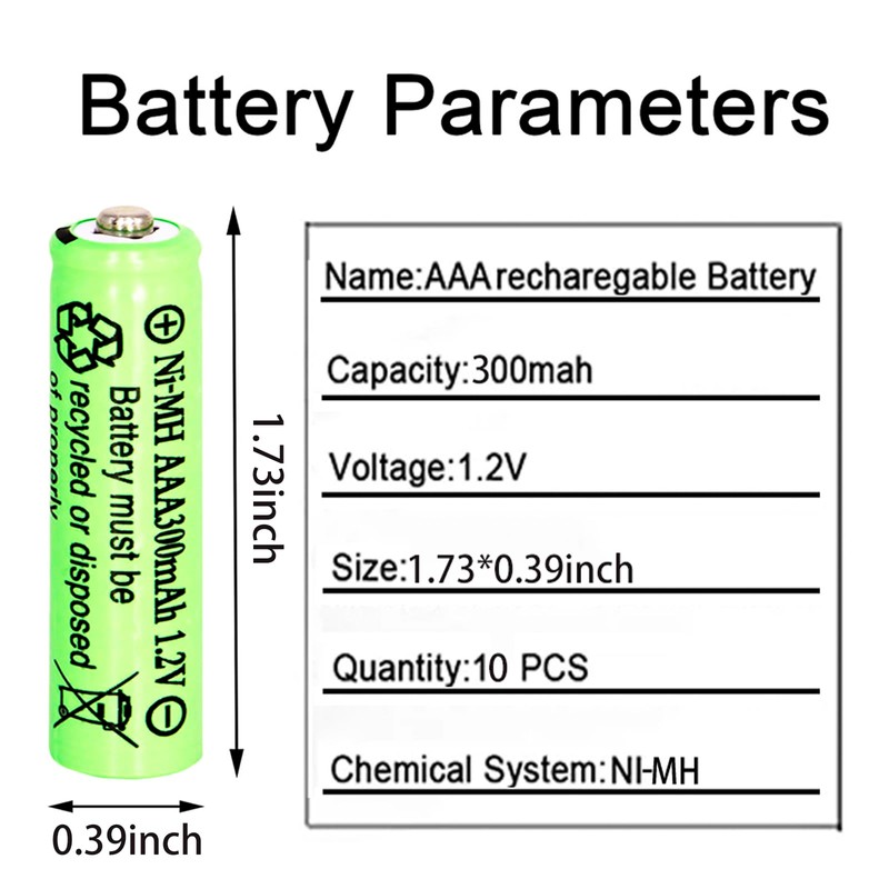 1.2 Volt AAA Size 300mAh Ni-MH Rechargeable Batteries Triple A