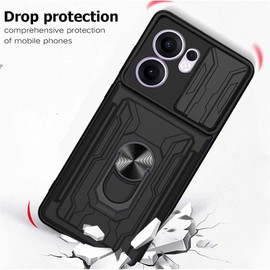 KZIOACSH Case for Oppo Reno13 F/Oppo Reno13 FS 5G with 2 Tempered Glass, Military-Grade Built-in Kickstand Slide Camera Cover Removable Card Holder Anti-Scratch Shockproof Rugged Bumper Cover,Black