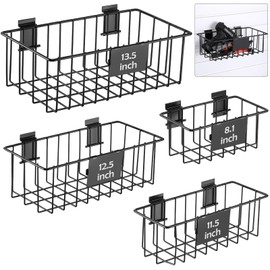 Maxcheck 4 Pcs Black Metal Slatwall Basket with Removable Tags Ventilated Slatwall Baskets Wall Mounted Storage Baskets Hanging Basket Organizer Slatwall Accessories for Shop Room Display Organizing