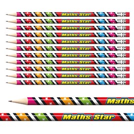 24 Foil Maths Star Award Pencils Pupil Children Rewards Motivational Pre - Sharpened Brainwaves Primary Teaching Services