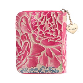 ArtsEye Genuine Leather Short Zip Around Wallet Clutch Purse (Brown Peony)
