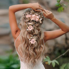 4 Pieces Pink Bridal Flower Wedding Hair Pins Crystal Pearl Hair Pins Clips Headpiece Gold Wedding Hair Accessories Jewelry with Rhinestone for Brides Bridesmaids Women Girls Updo