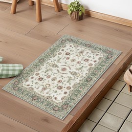 HAOCOO Floral Persian Carpet, Entryway Mat, Stylish, Washable, Abrasion / Bacteria / Odor / Slip Resistant, Lightweight, Soundproofing, Indoor, Small, Chenille, 19.7 x 31.5 in (50 x 80 cm), Green