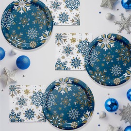 Trendware Whimsical Winter Christmas Dinner Paper Plates and Napkins Set, Serves 16, Snowflake 9" Plates & 6.5" Napkins, Christmas Party Decorations, Heavy Duty Disposable Plates Napkins for Christmas