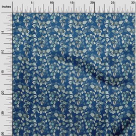 oneOone Cotton Jersey Blue Fabric Leaves Watercolor Sewing Craft Projects Fabric Prints by Meter 58 Inch Wide