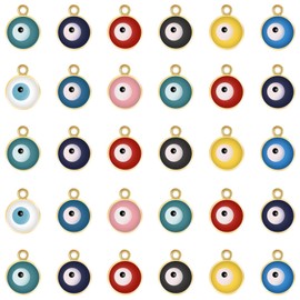 63Pcs Gold Alloy Enamel Evil Eye Charms Turkish Blue Eye Charm Colorful Round Double-Sided Evil Eye Beads Charm Pendant for Diy Jewelry Earring Necklace Craft Making(9 Colors)