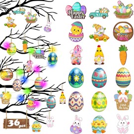 36Pcs Easter Decorations-(with Lights) Easter wooden Tree Decoration and Other 18 Styles-Easter Egg Ornaments Gnome Bunny Carrot Basket for Easter Party Decorations