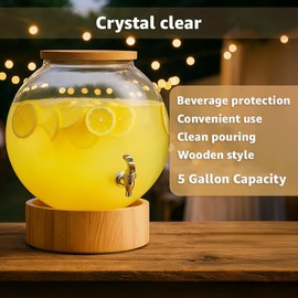 Zedfire 5 Gallon Glass Beverage Dispenser with Spigot, Cork Lid, Wood Base – For Events & Commercial Use