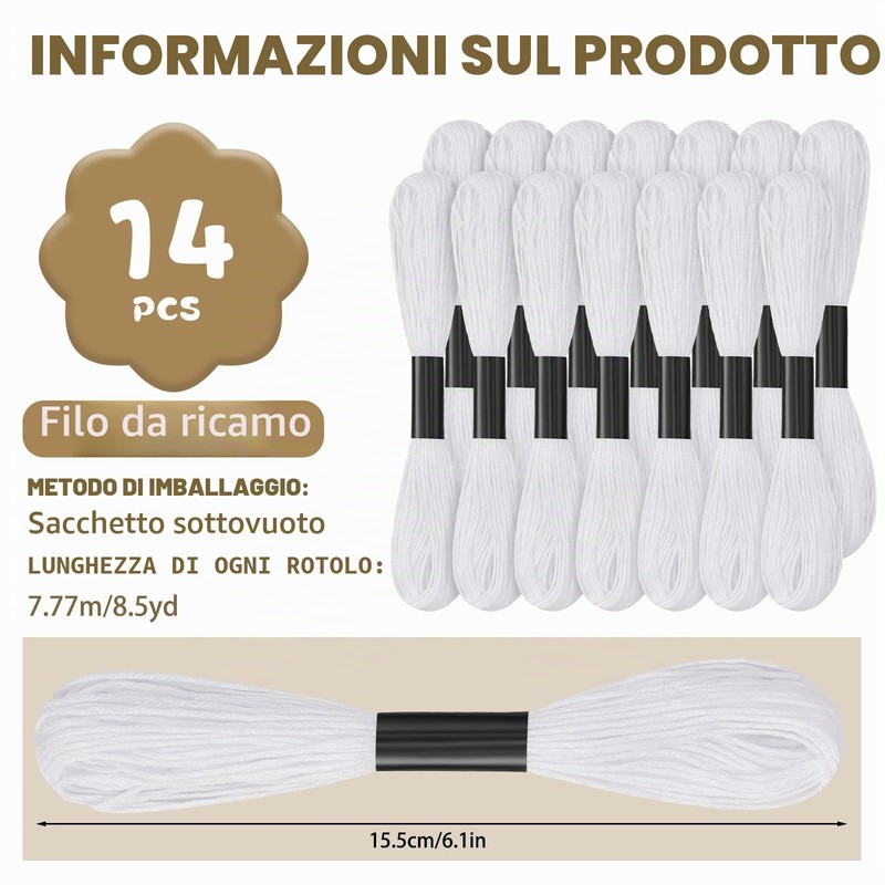 Set di 14 fili di filo da ricamo bianco, 120
