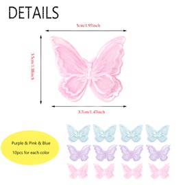 DANUDON 30PCS Butterfly Lace Trim, Double Layers Butterfly Decor Applique Patches Organza Fabric Embroidery Sewing Craft Decorative Pink Purple Butterfly Patches for Hair Dress Accessories