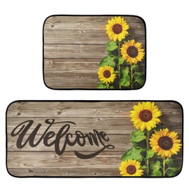2 Pieces Kitchen Rug Set,Sunflowers on Wooden BoardKitchen Mat Non Slip Washable Hallway Runner Decor for Kitchen Floor Mat