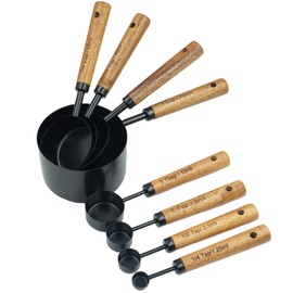 Muchtolove Measuring Cups and Spoons Set of 8, Stainless Steel Measuring Cup with Wooden Handle, Kitchen/Food/Liquid/Baking (Black)