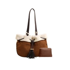 CORIOS Suede Shoulder Bag for Women Handbag with Lamb Wool Large Capacity Tote Bag Vintage Soft Plush Top Handle Bag Drawstring Bucket Bag with Coin Purse 2pcs Set Coffee