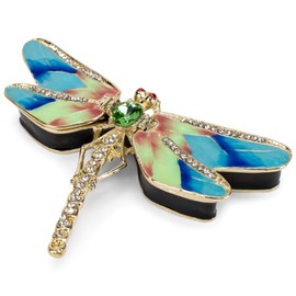 Cottage Garden Hand Painted Metal Enamel Hinged Trinket Box Ornamental Mini Jewelry Ring Earring Organizer Vintage Collectible Figurine Keepsake Box with Bejeweled Crystals, Blue & Green Dragonfly