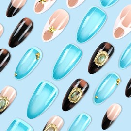 Diamond Press on Nails Medium Almond Fake Nails with Black White French tips Design Full Cover Blue Glue on Nails Glossy Reusable Summer False Nails for Women Girls Manicure 24pcs