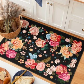 Castage Small Rugs 2x3,Black Floral Rug for Entryway Bathroom Kitchen Entrance Doormat,Boho Vintage Bohemian Distressed Washable Oriental Farmhouse Accent Floor Throw Carpet Non Slip