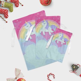 Grandkli Cartoon Unicorn Cloudy Pink Christmas Drawstring Bags for Gifts Velvet Set, Christmas Sacks 3 Pc for Home Familys Decor